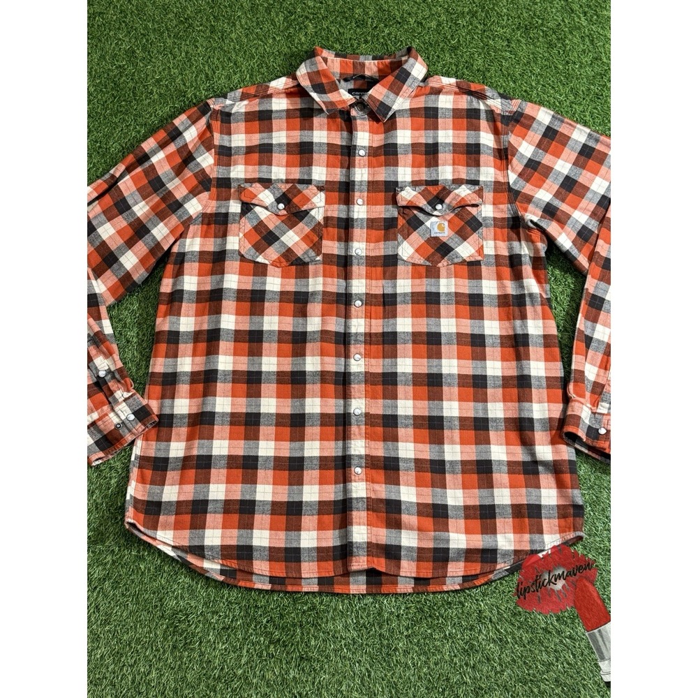 Carhartt Rugged Flex Shirt‎ Mens XL Tall Orange Check Workwear Pearl Snap